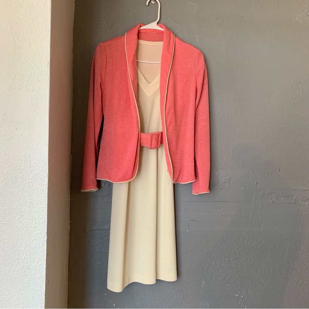 Vintage Dallin Burt Style Two-Piece Dress Set Coral Jacket & Cream Belted Dress